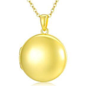 SOULMEET 10K 14K 18K Solid Gold/Silver Minimalist Round Locket Necklace That Holds 2 Pictures Personalized Photo Locket Letters Engraving Locket Gift