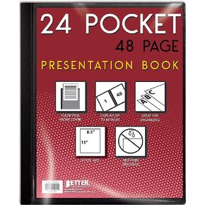 24 Pocket Bound Presentation Book, Black, Clear View Front Cover, 48 Sheet Protector Pages, 8.5" x 11" Sheets, by Better Office Products, Art Portfolio, Durable Poly Covers, Letter Size (2 Pack)