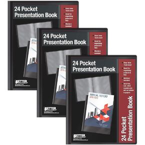 24 Pocket Bound Sheet Protector Presentation Book, 3 Pack, Clear View Front, 48 Page Capacity, by Better Office Products, Art Portfolio, Durable Black Poly Front and Back Covers, Letter Size
