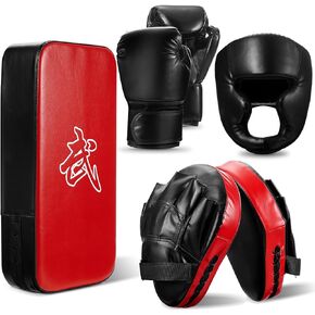 5 Pcs Boxing Training Set with a Pair of 8 oz Boxing Gloves 2 Pcs Boxing Pads a Taekwondo Kick Pad and Head Guard for Adults Youth Beginners Boxing Kickboxing Karate Muay Thai Training