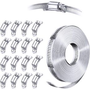 Stainless Steel Band Clamp System, DIY, Large Hose Clamp 2.5''-190'' Diameter, 50 FT Strap + 12 Fasteners, Metal Strapping, Muffler Heat Shield Wrap Strap Clamps, Pole Mount Secure