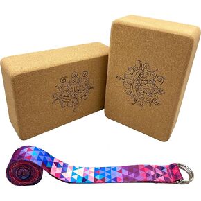 Aozora Cork Yoga Block Sustainable & Eco Friendly 2 Pack and Yoga Strap Set Made of The Finest Natural Cork for Better Support, Balance & Comfort