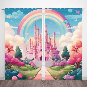 82 x 84 Inches Colorful Princess Castle Fairy Tale World Window Curtain Magic Cartoon Girls Bedroom Window Decoration Living Room Bedroom Decoration Supplies Drapes 2 Panel