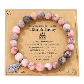 JSJOY 8 Year Old Girl Birthday Gift Beaded Bracelets Gifts for Daughter Girls Birthday Gifts Age 8-10 Unicorn Natural Stone Bracelet Birthday Gifts for 8 Year Old Girl