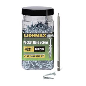 LIONMAX Pocket Hole Screws 1 Inch, 1000 PCS Interior Pocket Screw #8 x 1", Coarse Thread, Square Drive, Washer Head, Zinc Plated Pocket Hole Screws, 150MM and 75MM Drive Bit Included