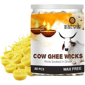 SATVIK 150 Pc Pure Cow Ghee Wicks for Puja (Upto 30 Mins) Pooja Home and Mandir. Nitya Pujan Readymade Ghee Diya Jyot Pujan Indian Housewarming Return Gift Items Accessories. Diwali Cotton Wicks