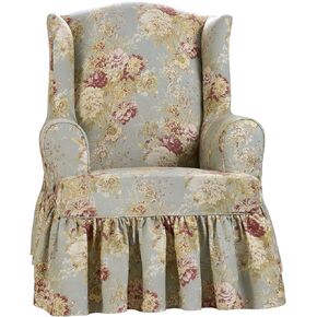 Waverly Ballad Bouquet Ruffled T Cushion Chair Slipcover, Chair T Cushion Cover with Cotton Floral One Piece Design and Ruffled Skirt, Machine Washable Chair Cover, Blush