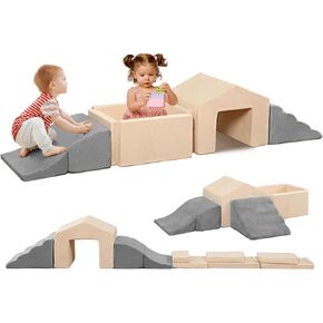 Foam Climbing Toys for Toddlers, 6PCS Climb and Crawl Activity Playset, 5 in 1 Soft Crawling Climbing Blocks Indoor, Toddler Play Climbing and Ball Pit with Slide Stairs and Ramp