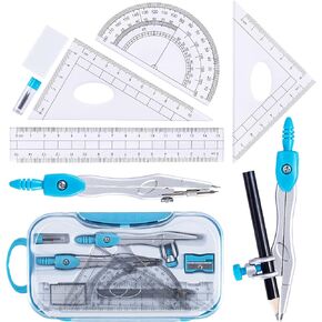 Math Geometry Kit Set 10 Pieces with Shatterproof Storage Box, Student Supplies Drawing Compass Includes Protractor, Rulers, Compass, Pencil Sharpener, Lead Refills, Pencil, Eraser(Blue)