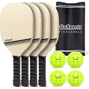 مجموعة GoSports Pickleball مع 4 مجاديف و4 كرات مخلل منظمة وحقيبة حمل - كلاسيكية أو قديمة أو زرقاء فولاذية أو صفراء