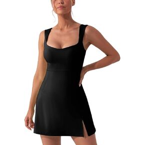 Square Neck Tennis Dresses for Women Golf Dress with Built-in Shorts Bra with Pockets for Athletic Sports Workout