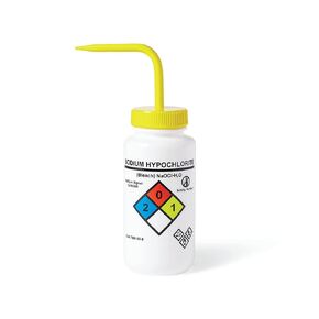 United Scientific™ UniSafe™ Laboratory Grade Wide Mouth LDPE Vented Chemical Wash Bottle, Sodium Hypochlorite, 500mL (16oz), 4-Color, Pack of 6
