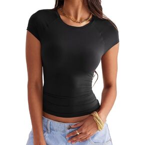 Women's Crewneck Double Lined Cap Sleeve T Shirts Basic Raglan Sleeve Slim Fit Tops 2024