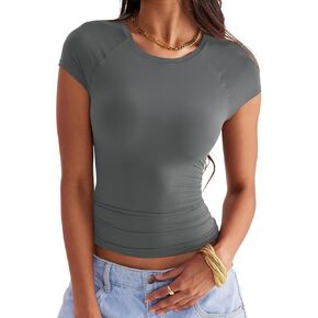 تي شيرت نسائي بياقة دائرية وبطانة مزدوجة وأكمام قصيرة وأكمام راجلان أساسية بقصة ضيقة 2024 in Kuwait