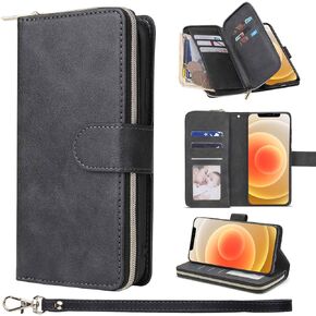 ZCDAYE Wallet Case for iPhone 12 Pro Max,Premium[Magnetic Closure][Zipper Pocket] Folio PU Leather Flip Case with 9 Card Slots Kickstand for iPhone 12 Pro Max-Black