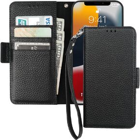 Bocasal Wallet Case for iPhone 13 5G, Genuine Leather Support Wireless Charging RFID Blocking Flip Case Card Slots Holder, Kickstand Book Folding Folio Cover with Wrist Strap 6.1 Inch(Red)