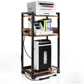 TC-HOMENY 3-Tier Movable Printer Stand with Storage Rolling Floor-Standing Deskside Shredder Computer Host Stand Adjustable Storage Shelf Rack for Office Supplies Fax Scanner File Book
