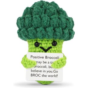 Hoedia Positive Broccoli, 3.7 inch Mini Funny Knitted Wool Broccoli Toy with Positive Card, Handmade Cute Creative Positive Life Doll for Friend Coworker Birthday Gift Encouragement Decoration Party