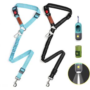 Removable Dog Seat Belt for Car, Adjustable Safety Harness with Elastic Bungee Buffer, Pet Vehicle Leash Restraint Secures to Headrest for Small Large Dogs (Blue)