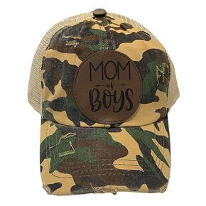 Camo Mom of Boys Cap - Camouflage Print High Ponytail Hat - Leather Patch Hat