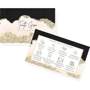 Tooth Gem Aftercare Instructions Cards | 50 Pack | Size 2x3.5 inch inch Business Card | Black, Pink, and Gold Design