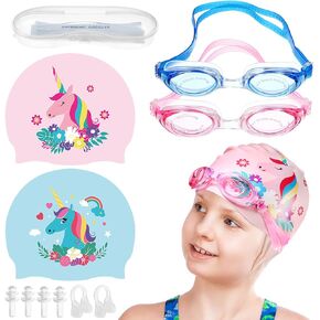 4 Pieces Swim Cap Kids Unicorn Silicone Waterproof Age 2-12 Cute Swim Caps with Goggles for Long and Short Hair Kids Children Boys Girls Toddler at Beach Pool Fun Lessons