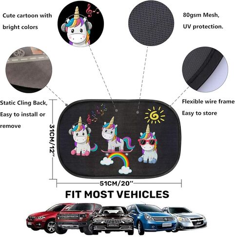 Car Sun Shade for Baby Kids 2 Pack Static Cling Side Window Car 80GSM Rear Sunshades Universal with 8 Suction Cups and Storage Bag - Sun Glare and UV Rays Protection (Unicorn) in Kuwait