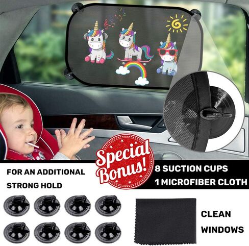 Car Sun Shade for Baby Kids 2 Pack Static Cling Side Window Car 80GSM Rear Sunshades Universal with 8 Suction Cups and Storage Bag - Sun Glare and UV Rays Protection (Unicorn) in Kuwait