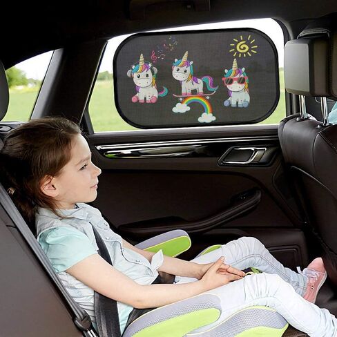 Car Sun Shade for Baby Kids 2 Pack Static Cling Side Window Car 80GSM Rear Sunshades Universal with 8 Suction Cups and Storage Bag - Sun Glare and UV Rays Protection (Unicorn) in Kuwait