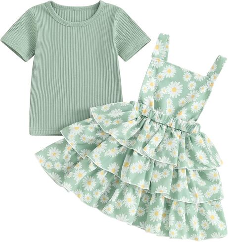 Toddler Girl Summer Clothes Daisy Dress Solid Shirt Ruffle Tutu Skirt Kids Girls Overalls Dress 18M 2T 3T 4T 5T 6Y in Kuwait