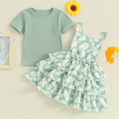 Toddler Girl Summer Clothes Daisy Dress Solid Shirt Ruffle Tutu Skirt Kids Girls Overalls Dress 18M 2T 3T 4T 5T 6Y in Kuwait