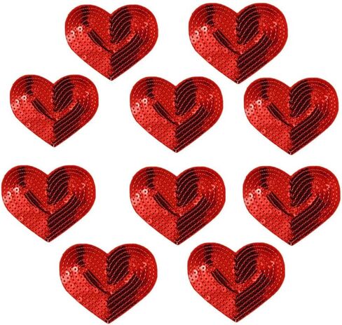 Pack of 10 Shiny Heart Sequins Iron on Applique Embroidered Patches-Red in Saudi Arabia