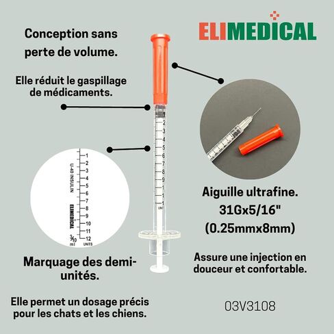 حقنة أنسولين بيطرية U-40 (40IU)، 0.3 سم مكعب (0.3 مل)، 31 جم × 5/16 بوصة، علامة نصف وحدة، معبأة بشكل فردي، للقطط أو الكلاب الأليفة، 100 لكل صندوق، 03V3108 in Saudi Arabia