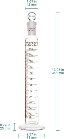 stonylab Measuring Cylinder with Stopper, 250 ml Heavy Wall Borosilicate Glass Measuring Graduated Cylinder with 24/40 Standard Ground Joint and Flat Head Stopper, 1 Pack in Saudi Arabia