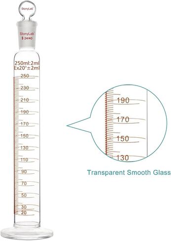 stonylab Measuring Cylinder with Stopper, 250 ml Heavy Wall Borosilicate Glass Measuring Graduated Cylinder with 24/40 Standard Ground Joint and Flat Head Stopper, 1 Pack in Saudi Arabia