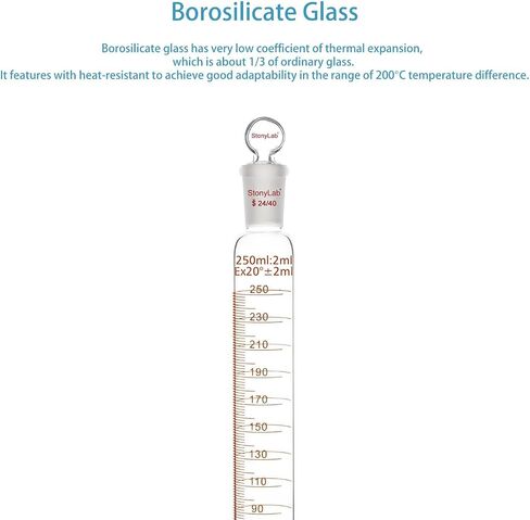 stonylab Measuring Cylinder with Stopper, 250 ml Heavy Wall Borosilicate Glass Measuring Graduated Cylinder with 24/40 Standard Ground Joint and Flat Head Stopper, 1 Pack in Saudi Arabia