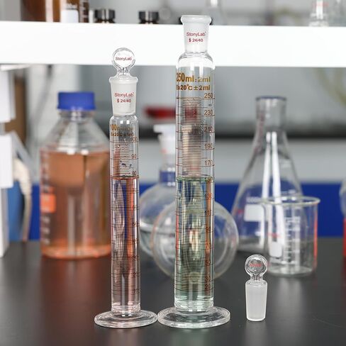 stonylab Measuring Cylinder with Stopper, 250 ml Heavy Wall Borosilicate Glass Measuring Graduated Cylinder with 24/40 Standard Ground Joint and Flat Head Stopper, 1 Pack in Saudi Arabia
