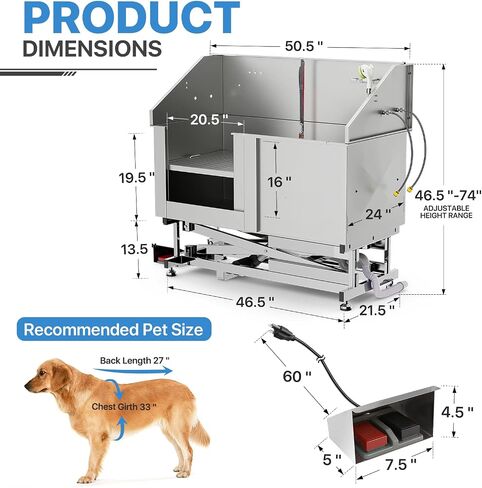 MoNiBloom 50.5" Electric Lift Height Dog Bath Tubs, Stainless Steel Grooming Tub with 2-Grade Floor Depth Optional for Large/Medium/Small Dogs, Home & Professional Use Dog Wash Tub 250 lbs Capacity in Saudi Arabia