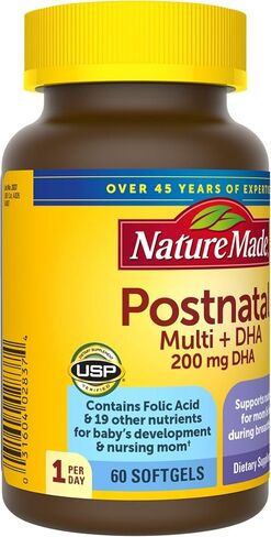 Nature Made Postnatal Multivitamin + DHA 200 mg, 60 Softgels, to Support Nursing Moms & Babies During Breastfeeding, Postnatal Vitamins & Nutrients Include Iron, Vitamin D3, Calcium, Iodine in Saudi Arabia