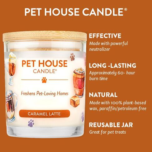 شمعة One Fur All Pet House - كراميل لاتيه - شمعة شمع نباتية 100% - مزيل رائحة الحيوانات الأليفة للمنزل - شموع معطرة غير سامة وصديقة للبيئة لتجديد الهواء in Kuwait