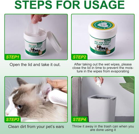 مناديل مبللة لأصابع الأذن للكلاب والقطط - 50 وسادة مناديل مبللة للأذن للاستعمال مرة واحدة، قابلة للتحلل البيولوجي، تزيل شمع الأذن والحطام وتهدئ وتزيل الروائح الكريهة وتخفف من حكة الأذن والالتهابات وتوقف اهتزاز رأس الكلب ومنظف الأذن in Kuwait