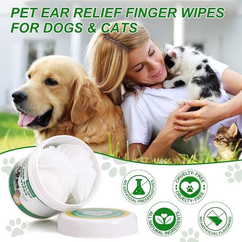 مناديل مبللة لأصابع الأذن للكلاب والقطط - 50 وسادة مناديل مبللة للأذن للاستعمال مرة واحدة، قابلة للتحلل البيولوجي، تزيل شمع الأذن والحطام وتهدئ وتزيل الروائح الكريهة وتخفف من حكة الأذن والالتهابات وتوقف اهتزاز رأس الكلب ومنظف الأذن in Kuwait
