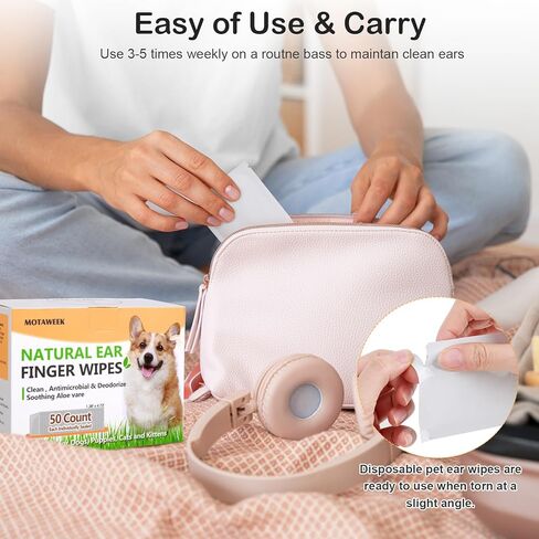 مناديل جديدة لأصابع الأذن للكلاب والقطط - تزيل الأوساخ بلطف وتهدئ الحكة والروائح - مناديل تنظيف أذن الحيوانات الأليفة الطبيعية المحمولة - 50 عبوة سفر in Kuwait