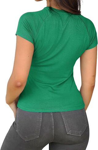 Dwnval Womens Basic Summer Short Sleeve Crewneck T Shirt Raglan Ribbed Knitted Slim Fit Casual Going Out Tops in Kuwait