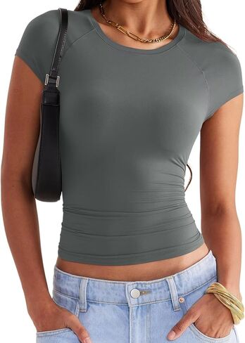 تي شيرت نسائي بياقة دائرية وبطانة مزدوجة وأكمام قصيرة وأكمام راجلان أساسية بقصة ضيقة 2024 in Kuwait