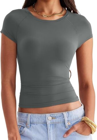 تي شيرت نسائي بياقة دائرية وبطانة مزدوجة وأكمام قصيرة وأكمام راجلان أساسية بقصة ضيقة 2024 in Kuwait