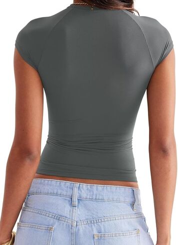 تي شيرت نسائي بياقة دائرية وبطانة مزدوجة وأكمام قصيرة وأكمام راجلان أساسية بقصة ضيقة 2024 in Kuwait