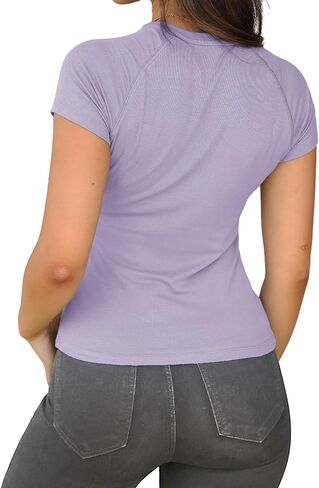 Dwnval Womens Basic Summer Short Sleeve Crewneck T Shirt Raglan Ribbed Knitted Slim Fit Casual Going Out Tops in Kuwait