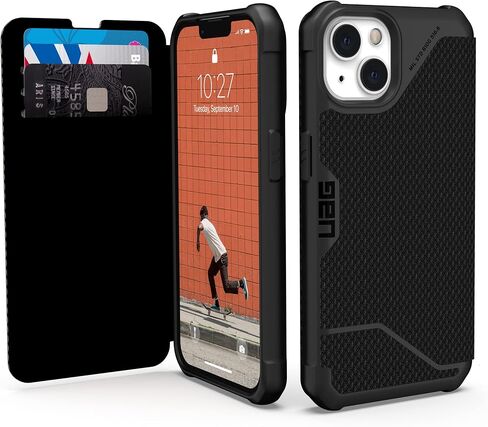 URBAN ARMOR GEAR UAG مصمم لهاتف iPhone 13، غطاء Kevlar أسود قابل للطي مع فتحات للبطاقات وحامل عرض، غطاء واقٍ متين خفيف الوزن من Metropolis، [شاشة 6.1 بوصة] in Kuwait