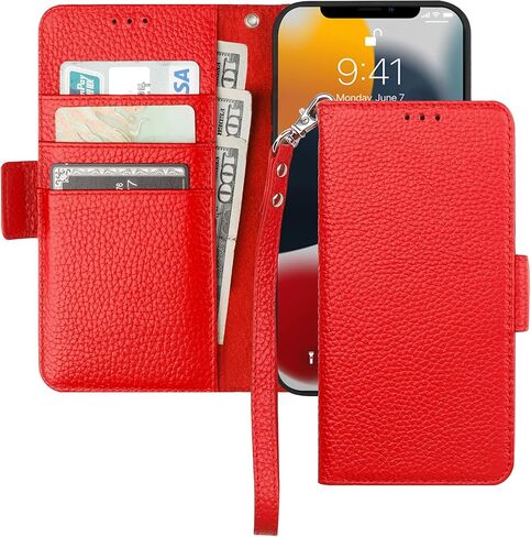 حافظة محفظة Bocasal لهاتف iPhone 13 5G، حافظة من الجلد الطبيعي تدعم الشحن اللاسلكي RFID وحامل فتحات للبطاقات، غطاء فوليو قابل للطي مع حزام معصم 6.1 بوصة (أحمر) in Kuwait